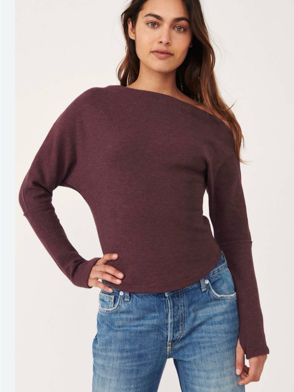 Free People We The Free Fuji Thermal Off Shoulder Long Sleeve Top Shirt Sz XS